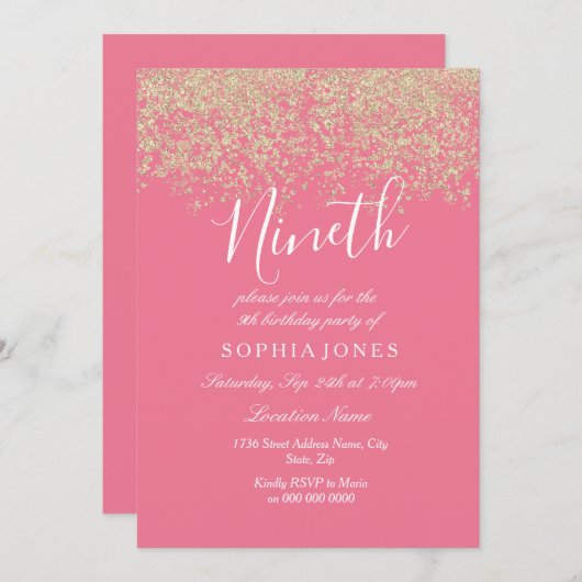 Invitation Parties scintillant en or rose Confetti 9e anniver (Devant / Derrière)