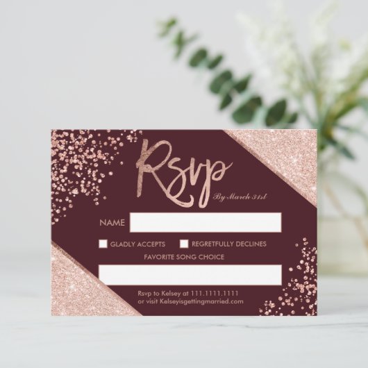 Invitation parties scintillant en or rose confetti burgundy r (Debout devant)