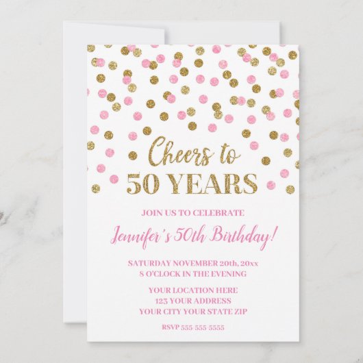 Invitation Parties scintillant en or rose Confetti encourage  (Dos)