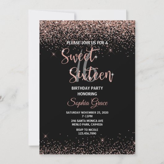 Invitation parties scintillant en or rose Confetti noir Sweet (Devant)