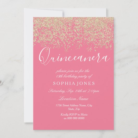 Invitation Parties scintillant en or rose Confetti Quinceaner (Devant)