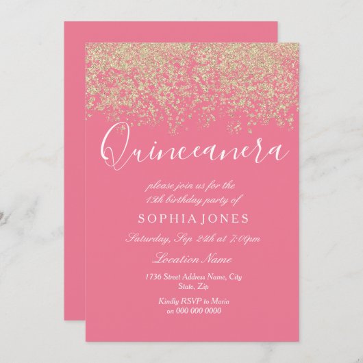 Invitation Parties scintillant en or rose Confetti Quinceaner (Devant / Derrière)