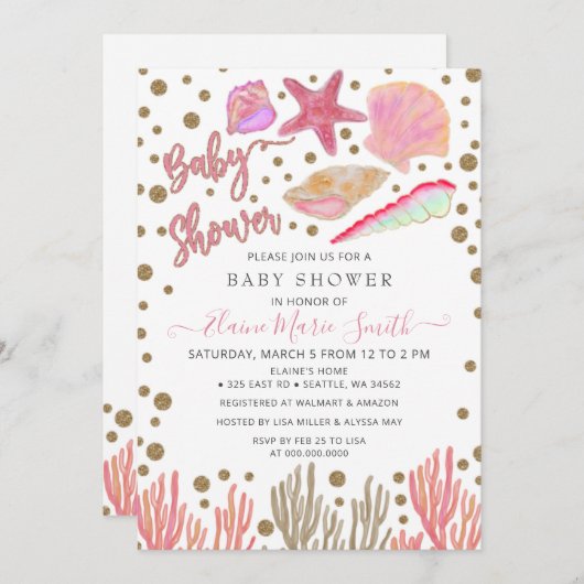 Invitation Parties scintillant en or rose Coquillages Sea Bea (Devant / Derrière)