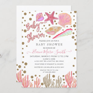 Invitation Parties scintillant en or rose Coquillages Sea Bea