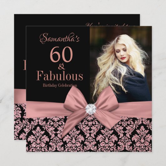 Invitation parties scintillant en or rose damask 60e annivers (Devant / Derrière)