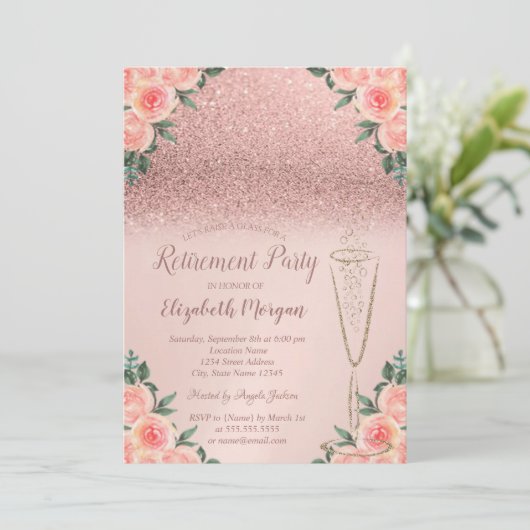 Invitation Parties scintillant en or Rose en verre Bokeh Flor (Debout devant)