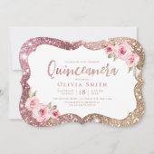Invitation Parties scintillant en or rose et Quinceanera fleu (Devant)
