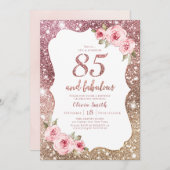 Invitation Parties scintillant en or rose étincelante et fleu (Devant / Derrière)