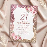 Invitation Parties scintillant en or rose étincelante et fleu<br><div class="desc">Faux rose or brillant parties scintillant arrière - plan et rose vif floral avec "21 et fabuleux" script au centre,  élégante et élégante,  grandes invitations de fête de 21e anniversaire.</div>