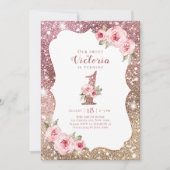 Invitation Parties scintillant en or rose étincelante et fleu (Devant)
