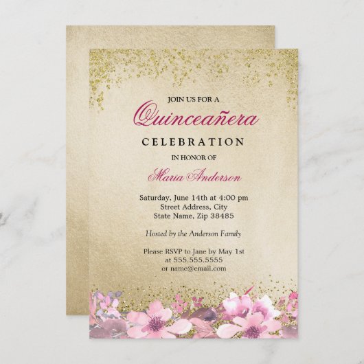 Invitation Parties scintillant en or rose Floral Shimmer Quin (Devant / Derrière)