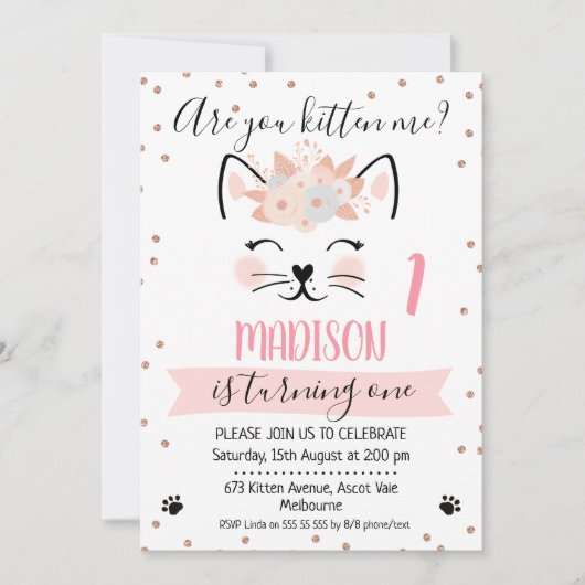 Invitation parties scintillant en or rose kitten me invitatio (Devant)