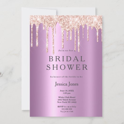 Invitation Parties scintillant en or rose lavande  gouttes Fê (Devant)