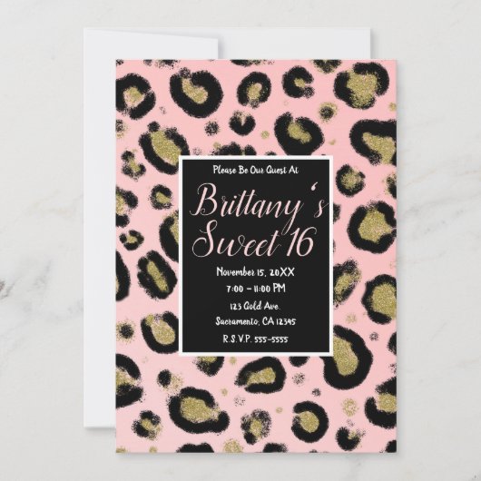 Invitation Parties scintillant en or rose & Léopard noir Swee (Devant)