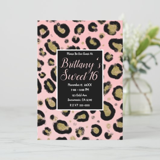 Invitation Parties scintillant en or rose & Léopard noir Swee (Debout devant)