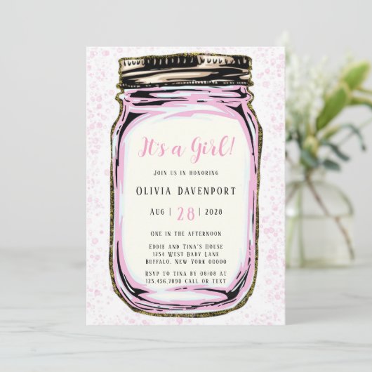 Invitation Parties scintillant en or rose Mason Jar Baby show (Debout devant)