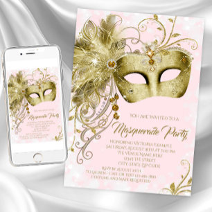 Invitation Parties scintillant en or rose Masquerade