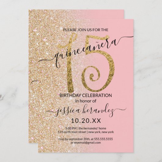 Invitation Parties scintillant en or rose moderne fille Ombre (Devant / Derrière)