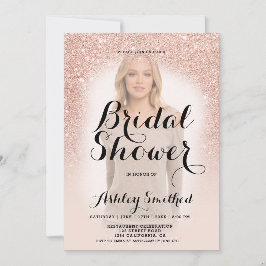 Invitation Parties scintillant en or rose moderne ombre photo (Devant)
