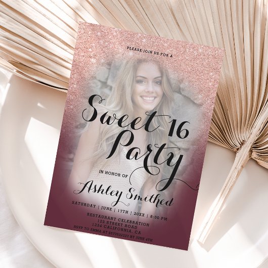 Invitation parties scintillant en or rose ombre bordeaux phot