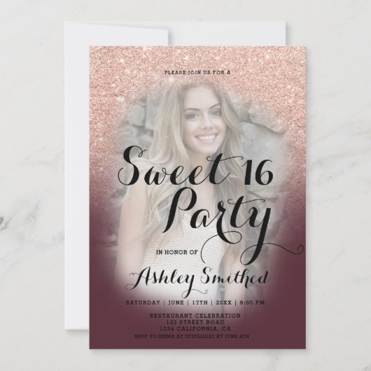 Invitation parties scintillant en or rose ombre bordeaux phot (Devant)