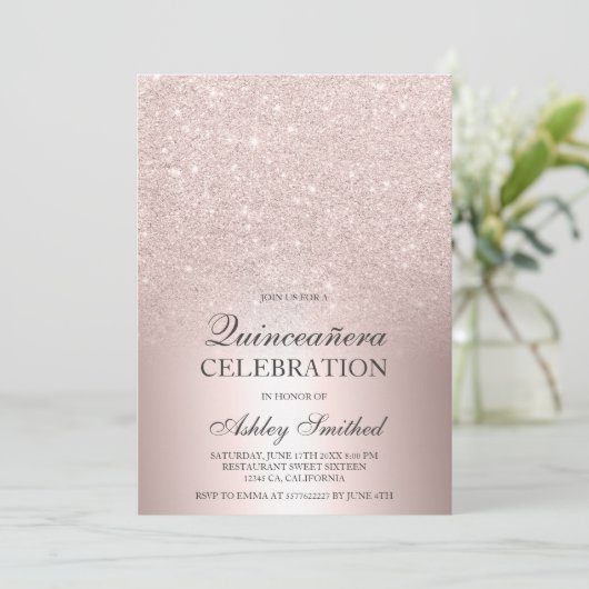 Invitation parties scintillant en or rose ombre feuille métal (Debout devant)