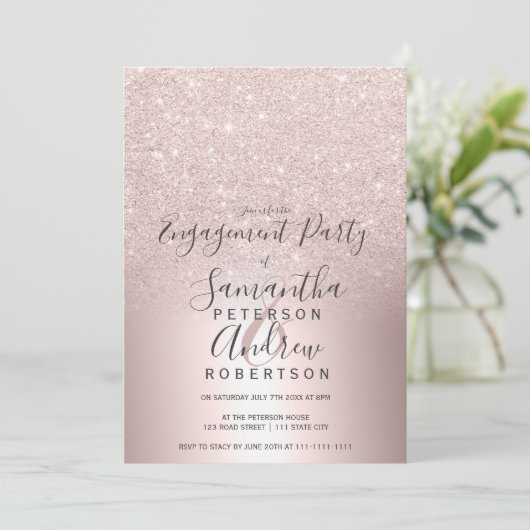 Invitation parties scintillant en or rose ombre fiançailles e (Debout devant)