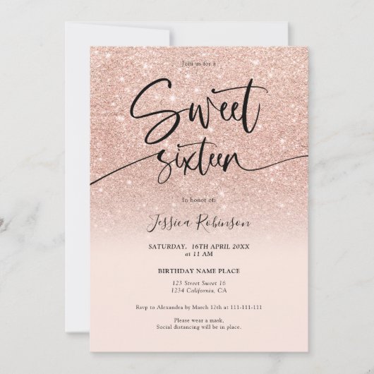Invitation parties scintillant en or rose ombre girly rose Sw (Devant)
