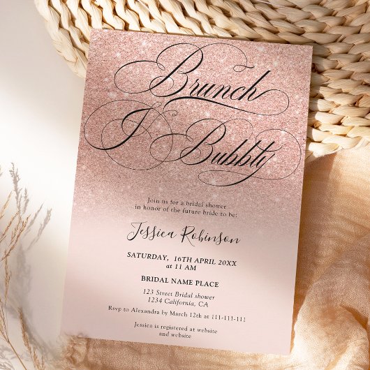 Invitation parties scintillant en or rose ombre script rose n