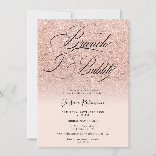 Invitation parties scintillant en or rose ombre script rose n (Devant)