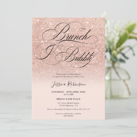 Invitation parties scintillant en or rose ombre script rose n (Debout devant)