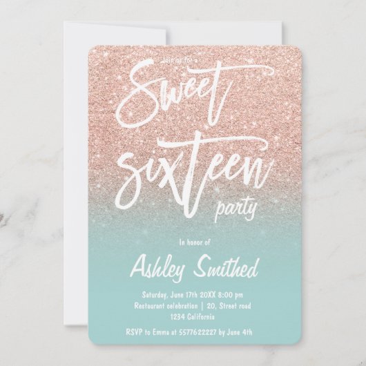 Invitation parties scintillant en or rose ombre typographie t (Devant)