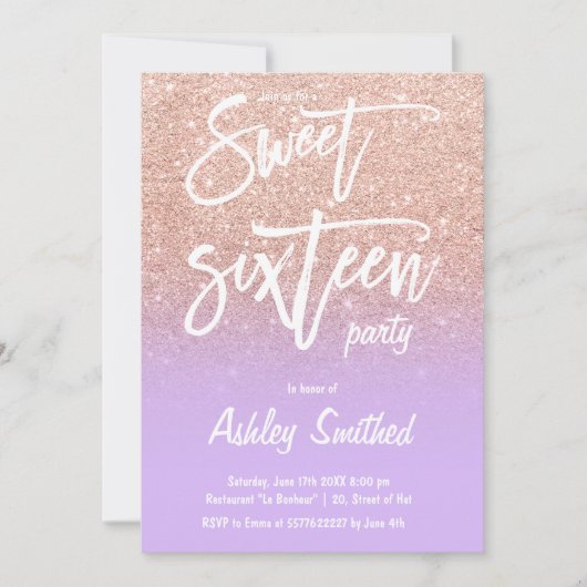 Invitation parties scintillant en or rose ombre violet typogr (Devant)