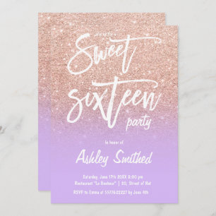 Invitation parties scintillant en or rose ombre violet typogr