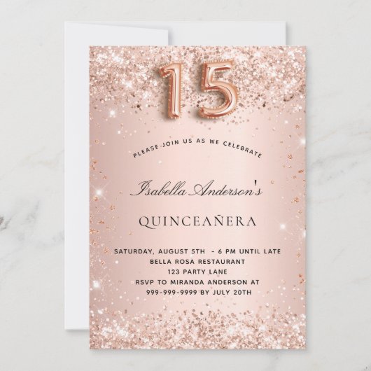 Invitation Parties scintillant en or rose Quinceanera (Devant)