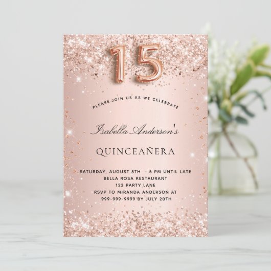 Invitation Parties scintillant en or rose Quinceanera (Debout devant)