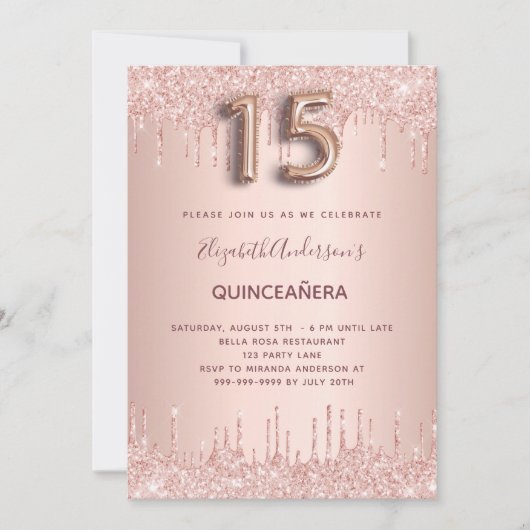 Invitation Parties scintillant en or rose Quinceanera gouttes (Devant)