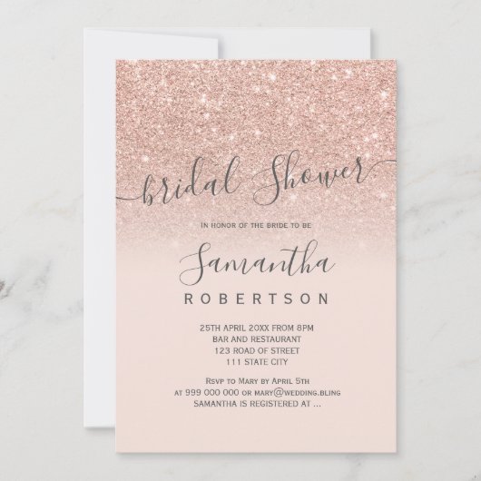 Invitation parties scintillant en or rose rose vif script dou (Devant)