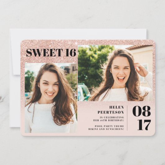 Invitation parties scintillant en or rose rousse 3 photos Swe (Devant)