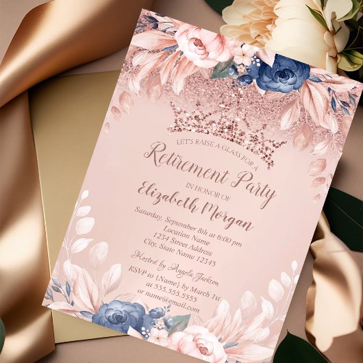Invitation Parties scintillant en or rose Tiara Blue Flowers