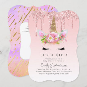 Invitation Parties scintillant en or rose Unicorn Baby Girl D