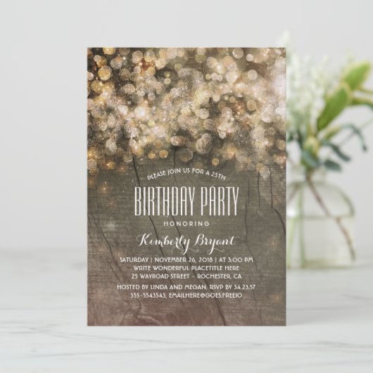 Invitation Parties scintillant en or rustique illumine Bois f (Debout devant)