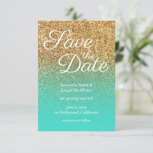 Invitation Parties scintillant en or Turquoise Ombre Photo En (Debout devant)