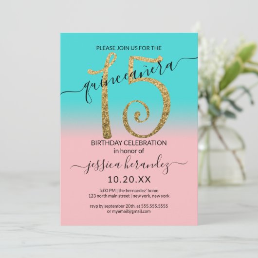 Invitation Parties scintillant en or Turquoise rose Fille Omb (Debout devant)