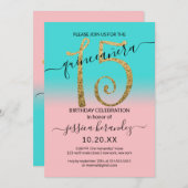 Invitation Parties scintillant en or Turquoise rose Fille Omb (Devant / Derrière)