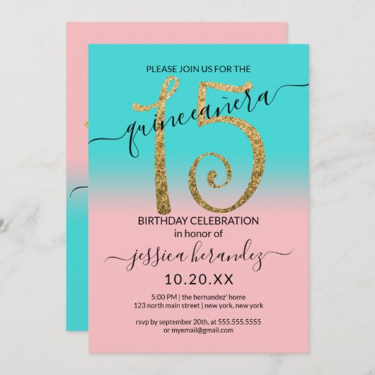 Invitation Parties scintillant en or Turquoise rose Fille Omb (Devant / Derrière)