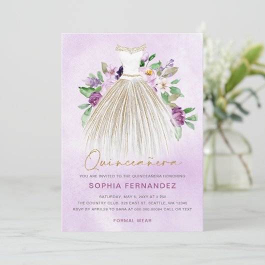 Invitation Parties scintillant en or violet Robe Florale Quin (Debout devant)