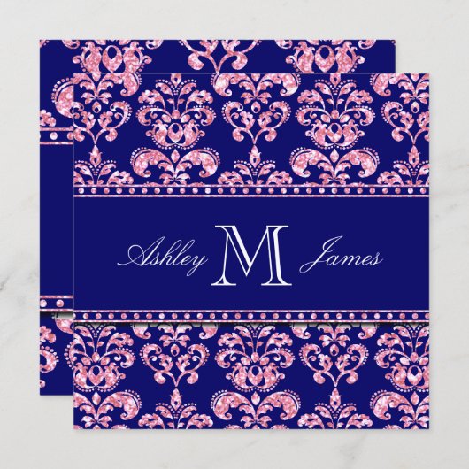 Invitation Parties scintillant en rose imprimée Navy Blue Mar (Devant / Derrière)