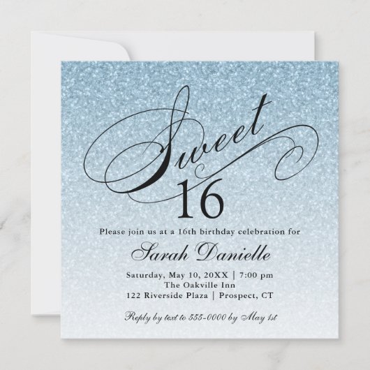 Invitation Parties scintillant en verre bleu clair Sweet 16 C (Devant)