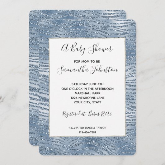 Invitation Parties scintillant en verre bleu Zebra Baby showe (Devant / Derrière)